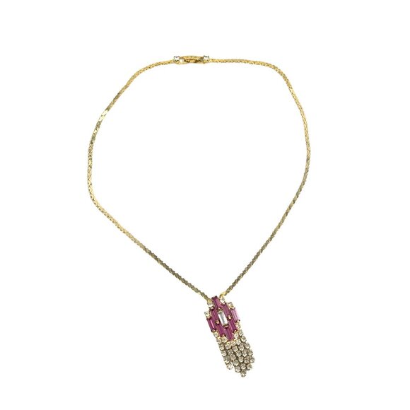 Hobe Signed 16" Choker Necklace Gold Tone Pink Retro Rhinestone Pendant - Picture 4 of 9